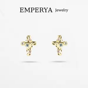 EMPERYA 14K Gold Plated Multicolor Cubic Zirconia Cross Stud Earrings | Sparkling Rainbow Faith Jewelry | Dainty Religious Earrings for Women, Teens & Girls