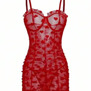 Heart Mesh Frill Trim Underwire Sexy Lingerie Dress & Thong in Vibrant Red with Delicate Heart Embellishments