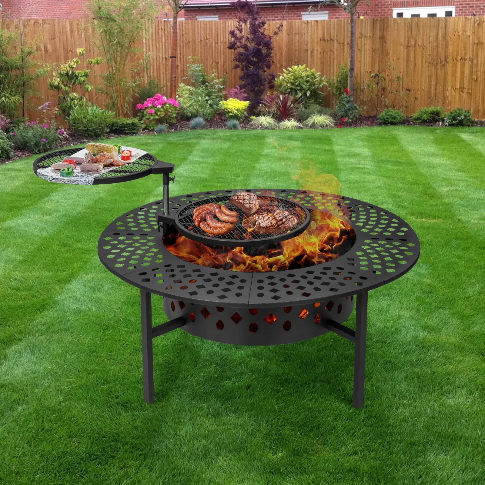 Outdoor Fire Pit Table with Grill & Side Shelf 3-in-1 Fire Pit for Warmth BBQ & Dining Heavy-Duty Metal Fire Pit for Patio Backyard Garden Gatherings Safe Hollow Design with Adjustable Side Table