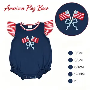 Patriotic Baby Girl Romper with Vintage American Flag Embroidery, 4th of July Bubble Outfit with Ruffle Sleeves, Bows & Snap Closure