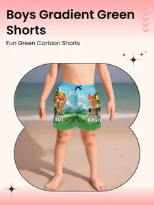 Boys' Gradient Cartoon Fun 3D Printed Beach Shorts, Quick-Dry Breathable Casual Half Pants, Loose-Fitting Summer Wear, Swimwear