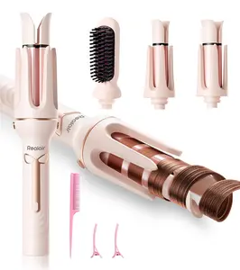 Auto Hair Curler, 3-in-1 Automatic Curling Iron & Brush Set, 1" & 1.25" Interchangeable Rotating Barrels, Anti-Scald & Anti-Tangle Wand for Hair Styling, Auto Shut-Off, Dual Voltage, Pink