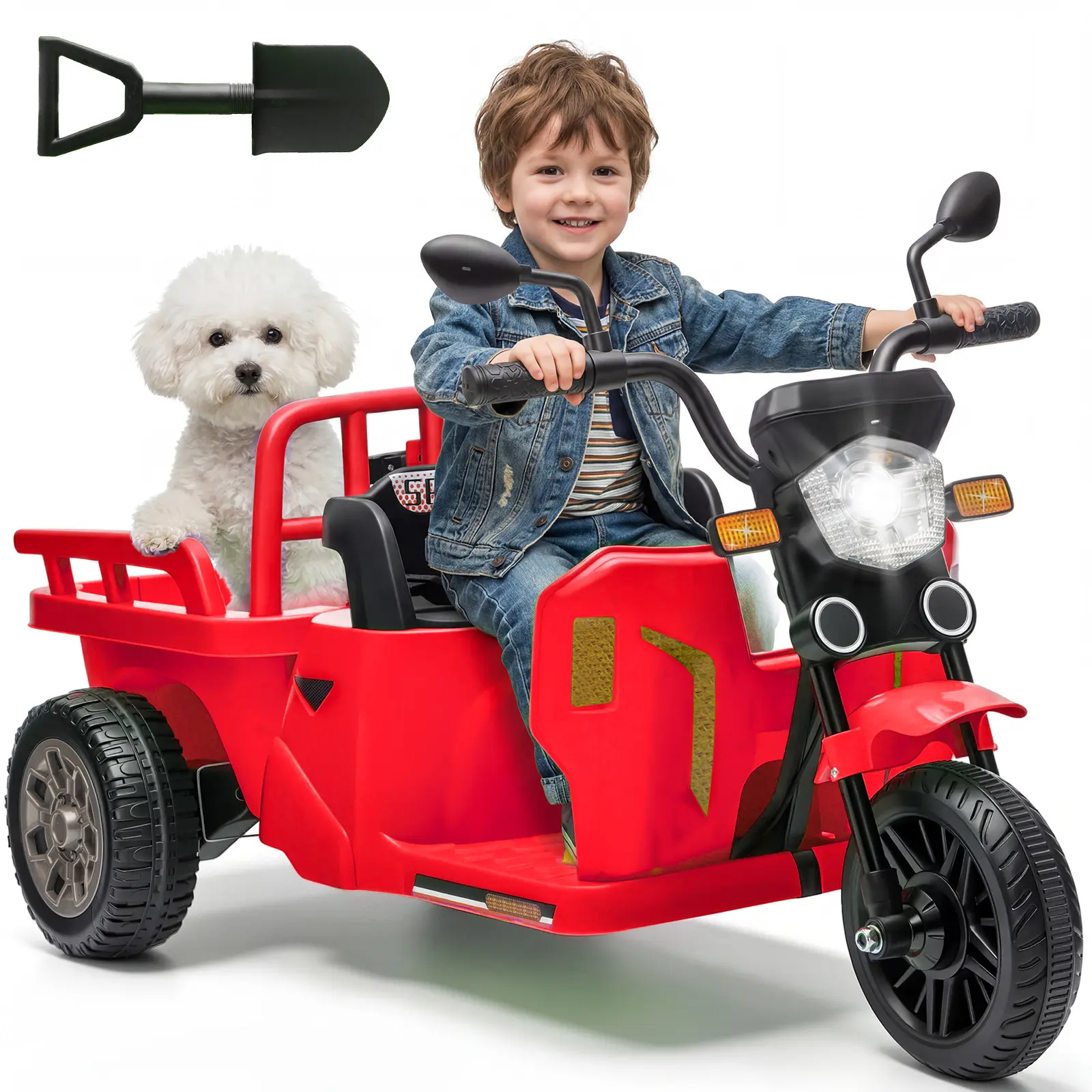 Summervibes Flash sale toy items 12V Kids Motorcycle, 3-Wheels Electric Tricycle with Trailer, Ride On Tractor Ride on Motorcycle for Kids Toddler, w/Sand Shovel, 2x55W Motor, Bluetooth, Music, Headlight, Gift for Boy Girl