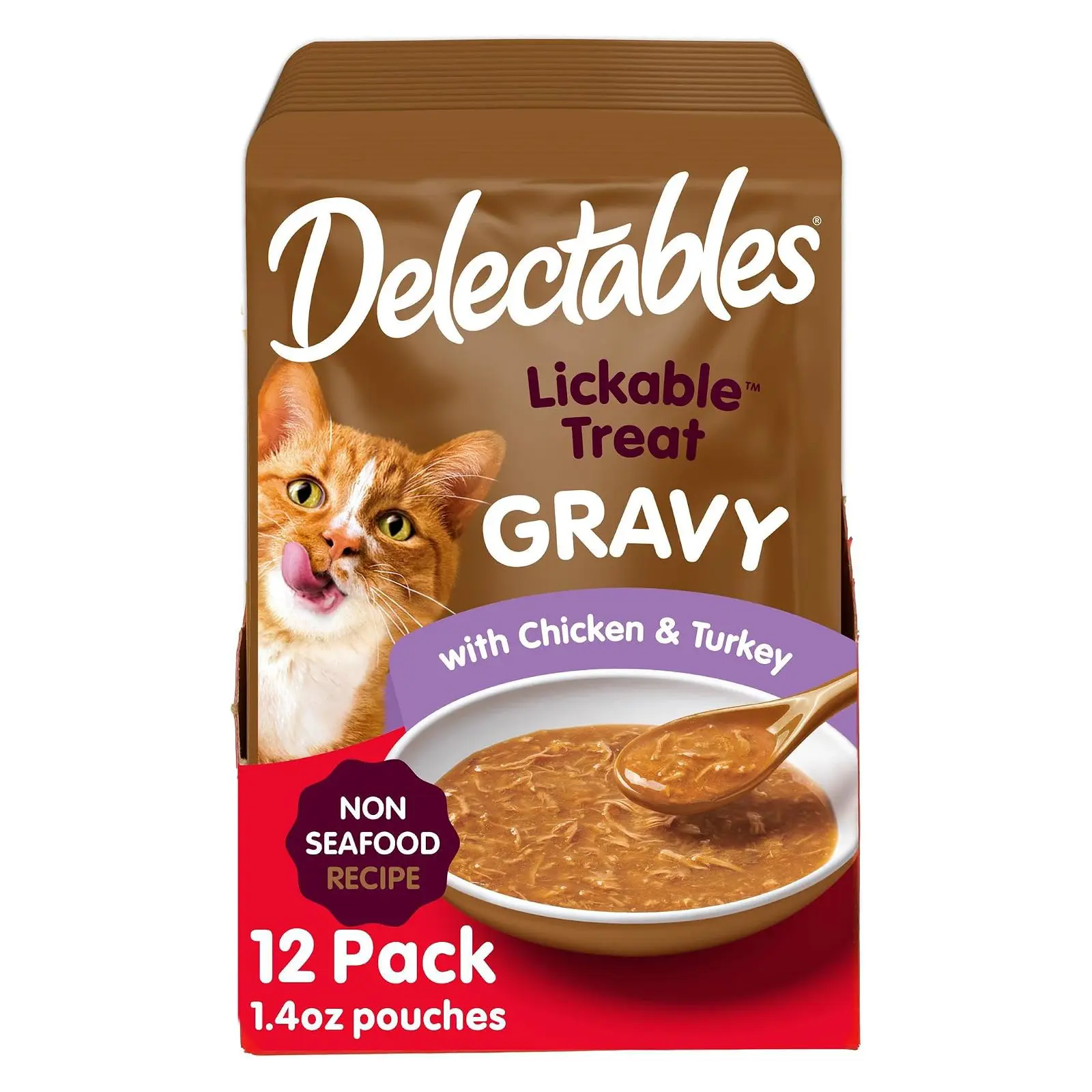 Delectables Lickable Treat Gravy Non-Seafood Wet Cat Treat with Real Chicken & Turkey, Food Topper, Hydrating, Grain-Free, No Fillers, By-Products, Added Preservatives, 1.4oz Pouch, 12ct