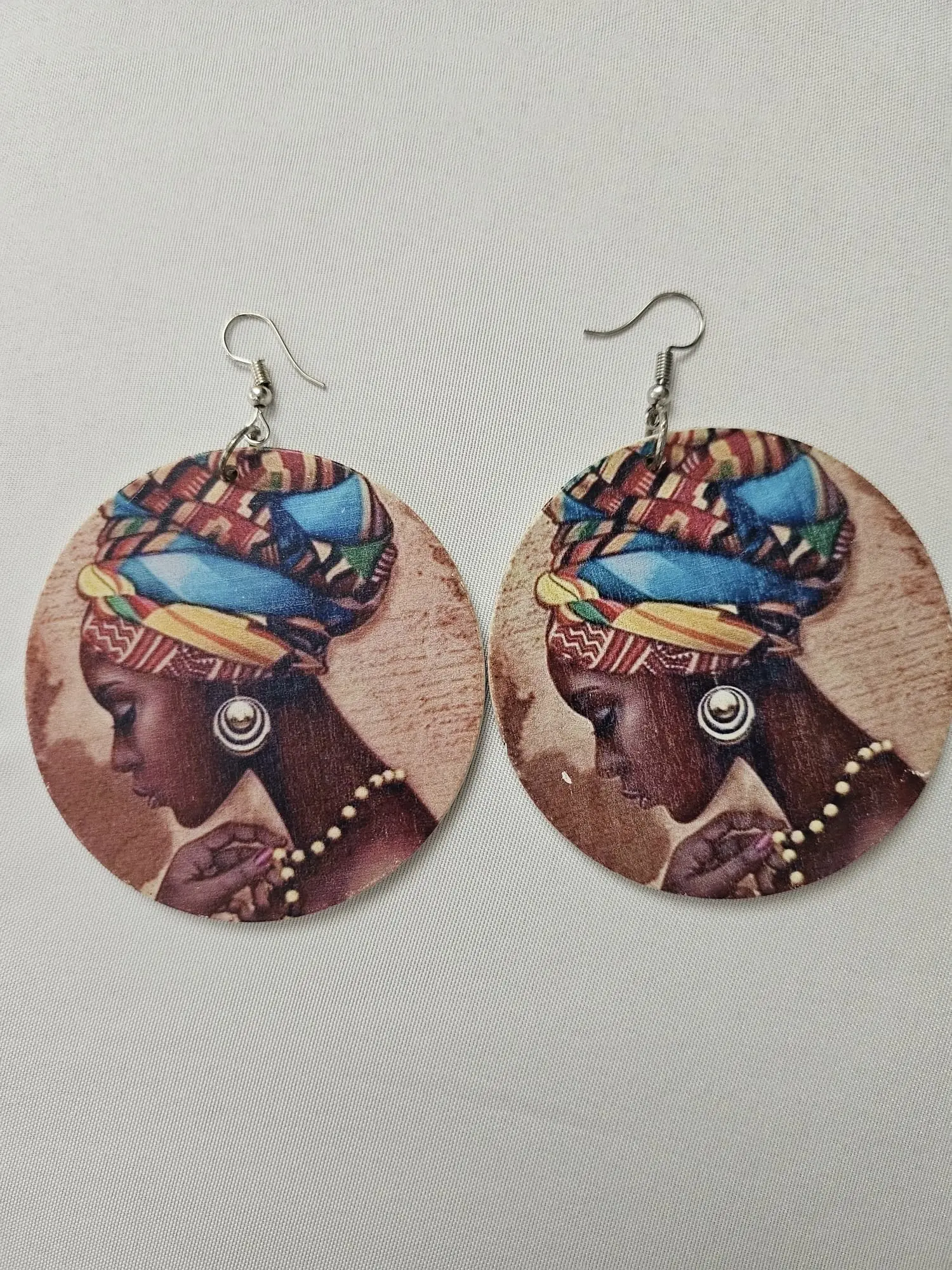 African Print Statement Earrings – Round Wooden Dangle Earrings with Headwrap Design