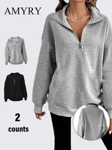 Women's Solid Thermal Lined Pullover Sweatshirt, Casual Long Sleeve Half Zip Sweatshirt for Fall & Winter, Women's Clothes for Daily Wear