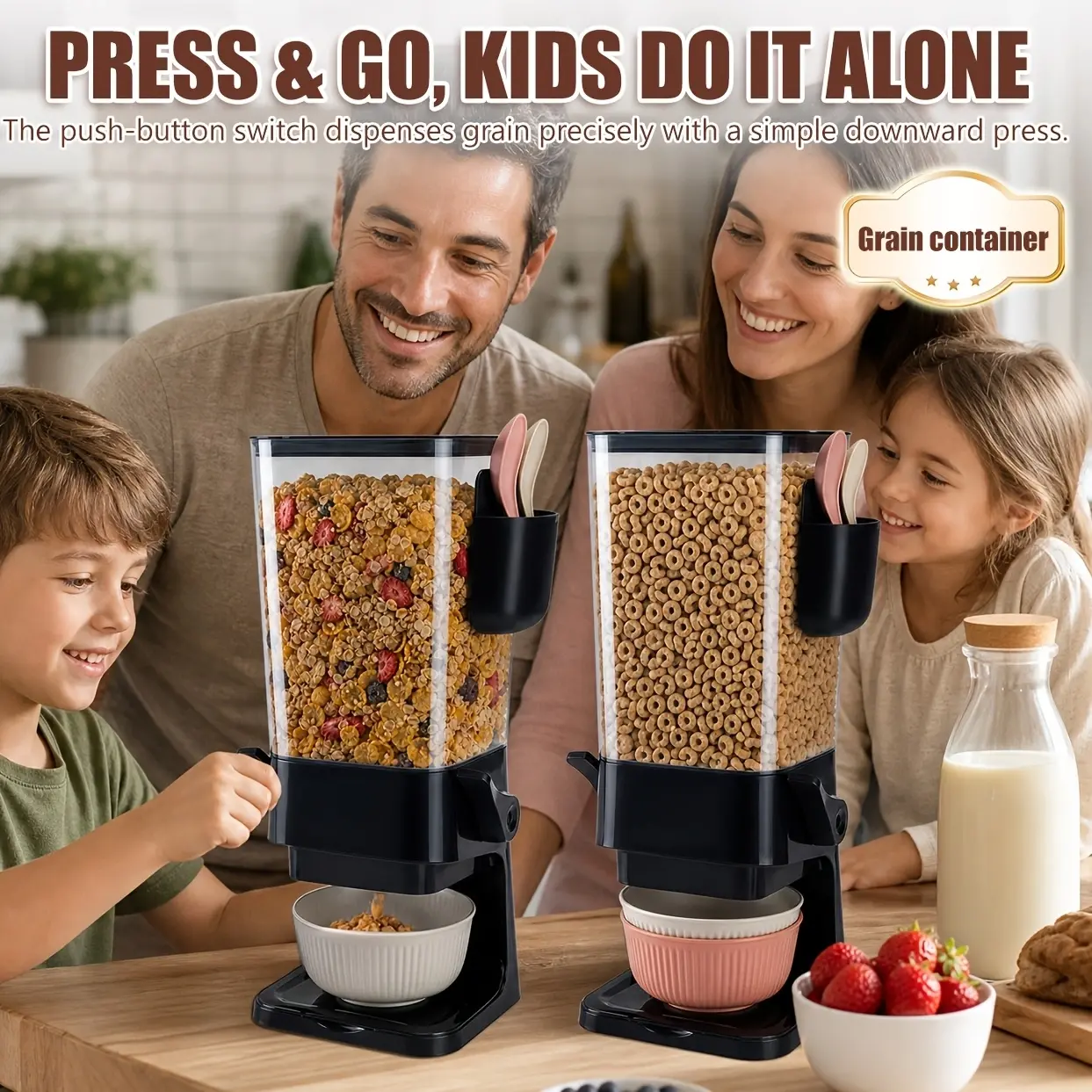 2pcs black countertop cereal dispenser with bowl and spoon utensil box, dry food dispenser snack storage container, for oats, nuts, cereals, candies, and kitchen utensil storage