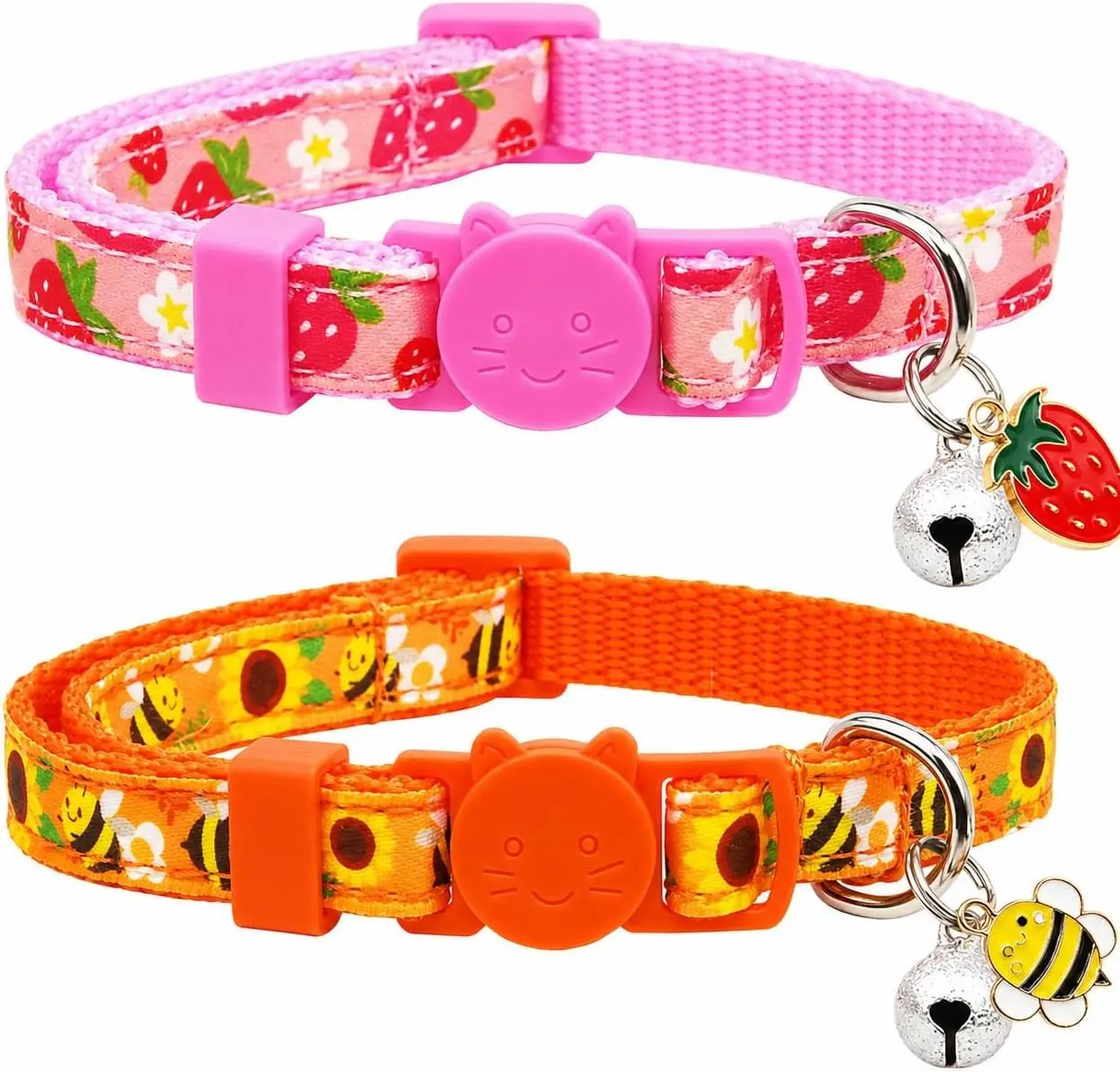 Summer Cat Collar 2 Pack Strawberry Bee Breakaway Cat Collars with Bell & Charm, Adjustable 7.8-12.8 in Soft Cute Kitten Collars for Cats Kittens
