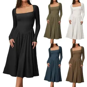 2025 Autumn Collection Women's Long-Sleeved Base Layer Dress Solid Color Tight Square-Neck Ruffled Knit Dress Cozy Chic Daily Wear Layering Outfit