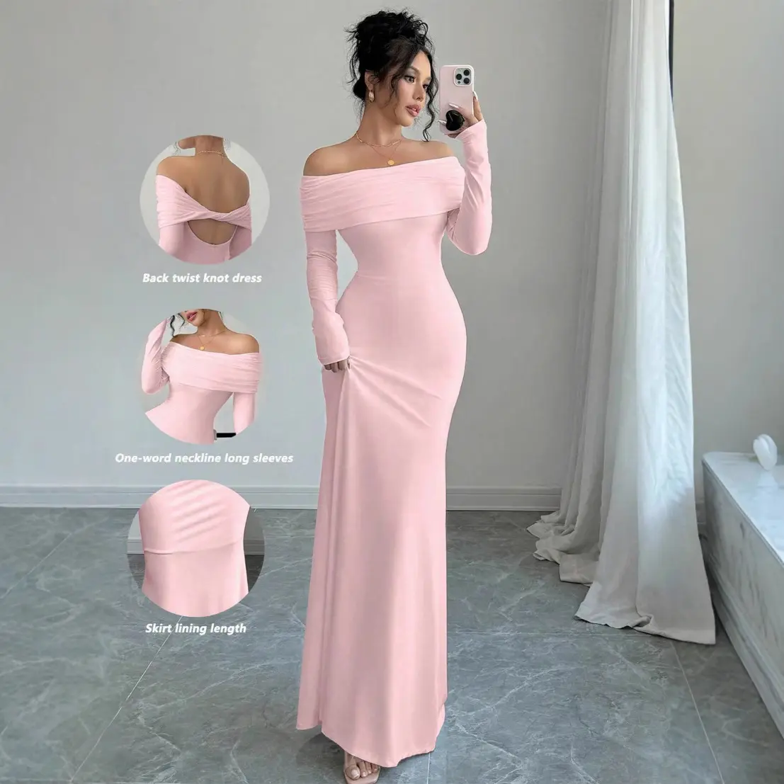 2025 Fall/Winter Women's Fashion Elegant One-Shoulder Bodycon Party Dress with Back Twist Knot Design One-Word Neckline Long Sleeves & Skirt Lining Length