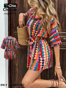 Creative Colorful Print Loose Street Fashion Jumpsuit Shorts, Lightweight Fabric, Casual Holiday, All over Print, Loose-Fitting, Loose Jumpsuits