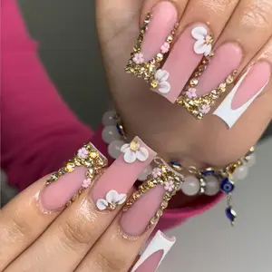 Flower Decor Fake Nails with Floral Embellished Rhinestone, Nail File & Tape, 24pcs French Style Long Square Press on Nails for Women & Girls DIY Nail Art, Elegant Stick on Nails Kit