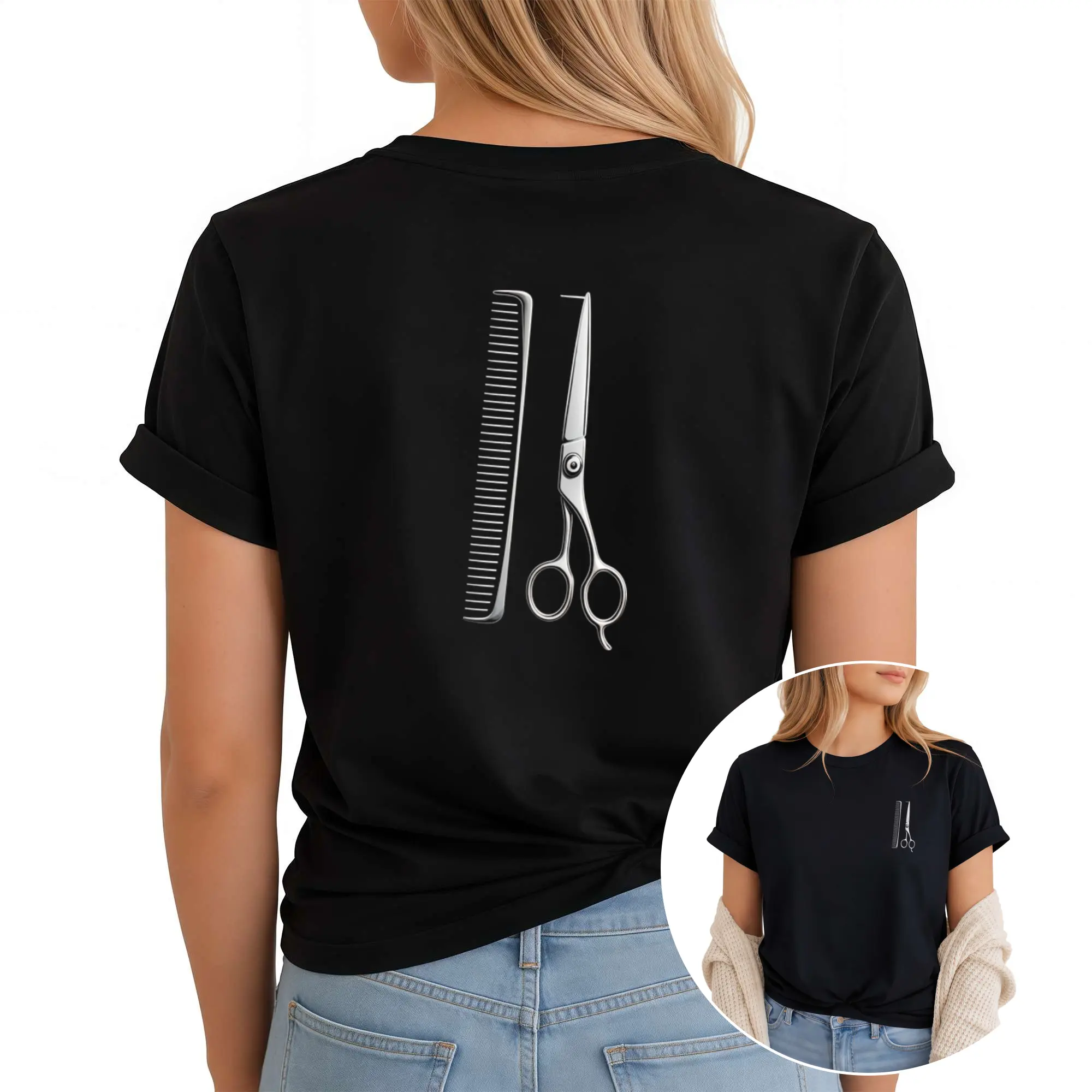 Women's Barber Scissors & Comb Graphic T-Shirt - Pure Round Neck Short Sleeve Tee with Barber Print, Casual Summer Beachwear, Suitable for Daily Wear, Vacation Outfits, Gift for Hairdressers & Barber Lovers