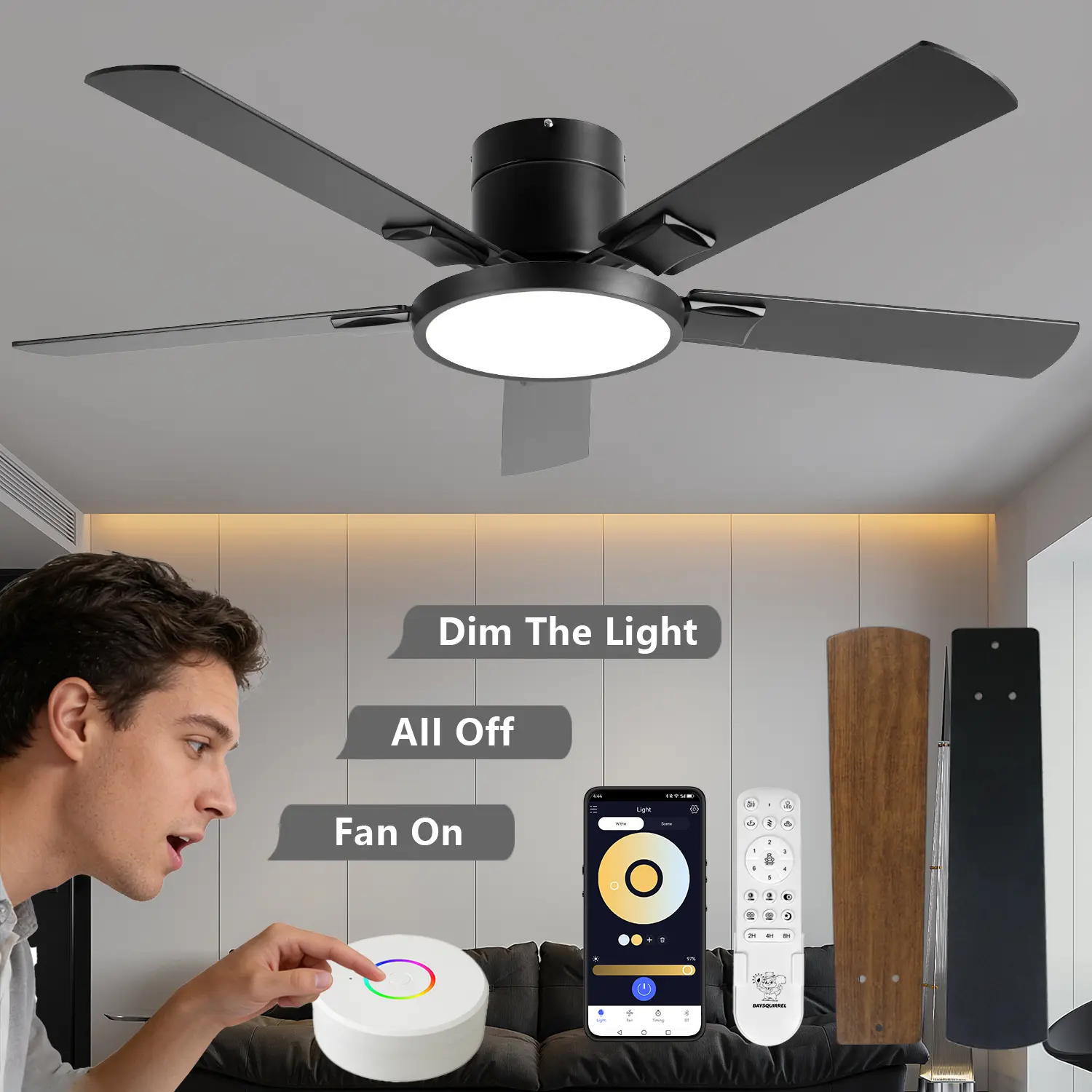 BAYSQUIRREL 52in Smart Ceiling Fan with Dimmable Adjustable LED Light - 3-in-1 Control Options (Voice Box, Button, Remote & APP), 6-Speed Reversible, Plug-in Smart Box for Quick Start, No Wi-Fi/Alexa Needed, Indoor-Outdoor Senior-Focused Fan, Seniors