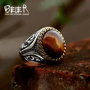 Beier Stainless Steel Inlaid Tiger Eye Stone Ring New Fashion Woven Pattern Titanium Steel Ring Jewelry
