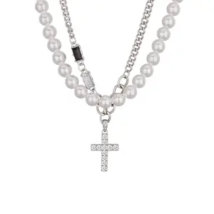 Double Layer Cross Pearl Necklace for Women, Non-Tarnish Silver Cuban Chain with Black White Zircon, Stackable Choker, Gothic Punk Hip Hop Style Jewelry, Waterproof, Ideal for Daily Wear, Parties & Gifting to Trendy Girls
