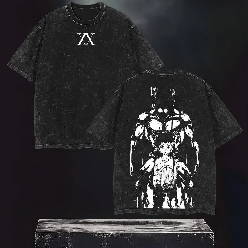 Men's Vintage Valentine Limited Edition Gon Freecss Hunter X Hunter Cotton Anime Character Print Short-Sleeve T-Shirt - Distressed Acid-Washed, Double-Printed Oversize Round Neck Lightweight Casual Menswear Top, Gift for Anime Lovers Streetwear, Anime Cha