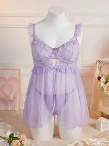 Women's Lace Lingerie Sleepwear Set, Mist Sheer Fabric, Elegant Ruffle Aesthetic Design, Comfortable & Stylish Nightwear, Perfect for Relaxing at Home