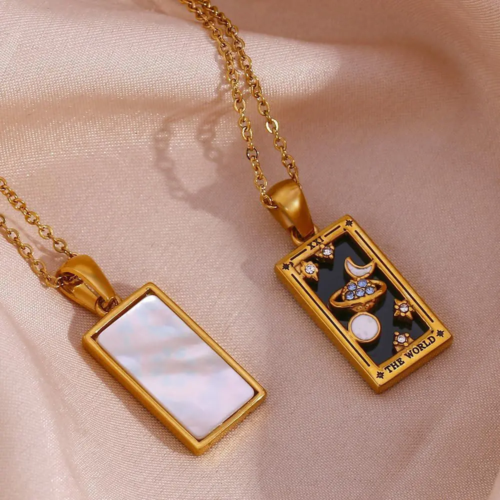 SIXFOX Tarot Card Necklace – Dainty Gold Plated Titanium Steel Hypoallergenic Pendant, Spiritual Enamel Crystal Jewelry for Manifestation, Stackable Witchy Daily Wear
