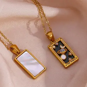 SIXFOX Tarot Card Necklace – Dainty Gold Plated Titanium Steel Hypoallergenic Pendant, Spiritual Enamel Crystal Jewelry for Manifestation, Stackable Witchy Daily Wear