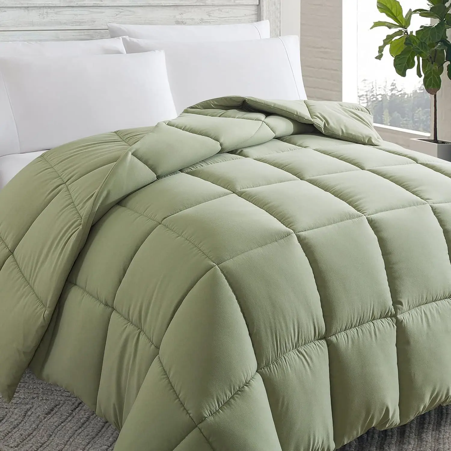 Microfibre Polyester Down Alternative Comforter (Sage Green, Twin, 64x88 in) - Quilted Duvet Insert with Corner Tabs, Boxing Stitching, Lightweight Design - Machine Washable, Warm Fluffy for Winter Use