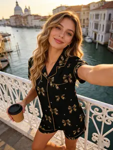 Women's Short Sleeve Shorts Cardigan Pajama Set, Leopard Bowknot & Gold Star Full Print, Casual Breathable Homewear