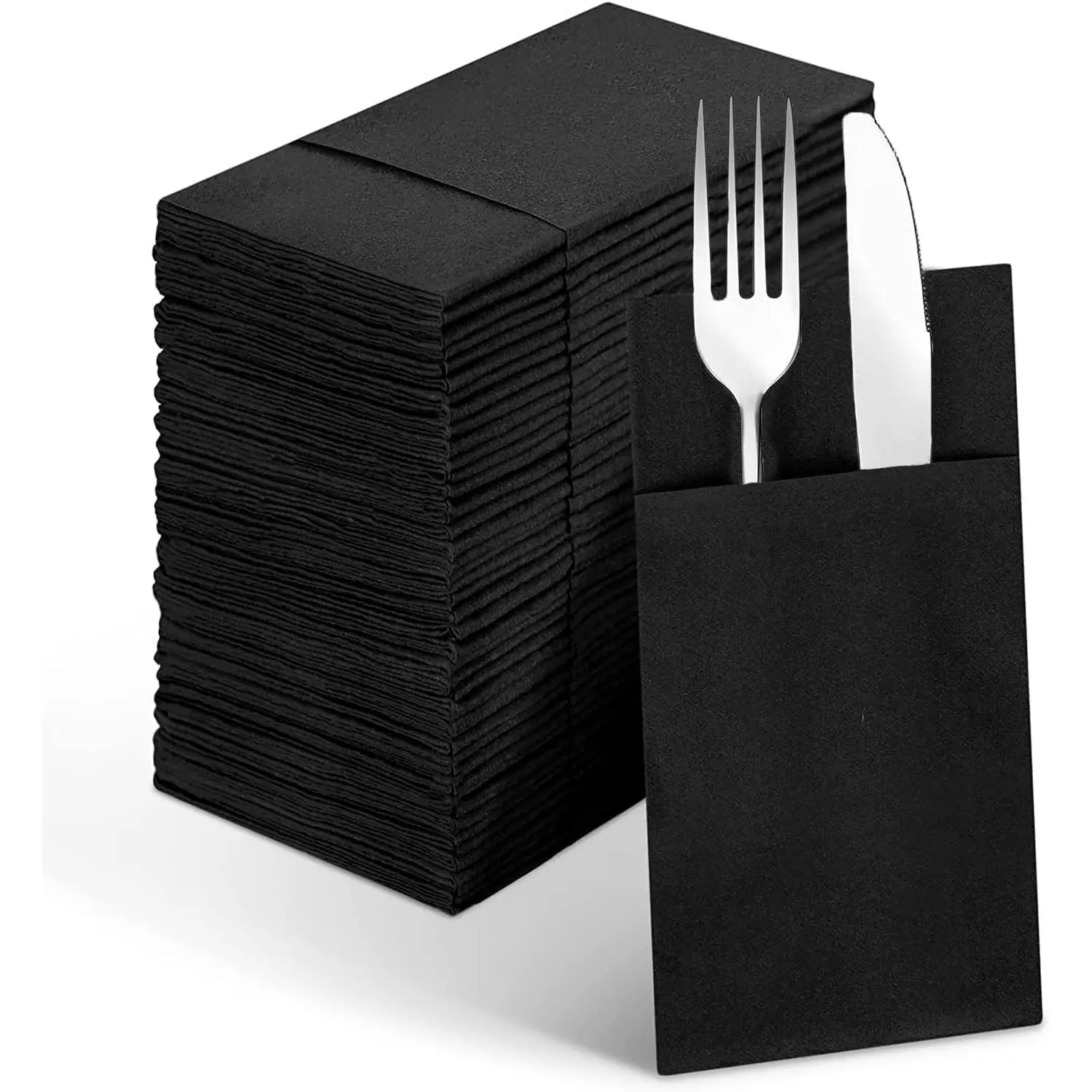 Soft and Thick Soft Linenfeel Black Paper Napkins, 50-Pack Disposable Household Tableware with Built-In Utensil Pocket, 157x157mm Prefolded 78x4mm Cloth-Like Absorbent Napkins for Birthday Weddings Bathroom Hand Towels