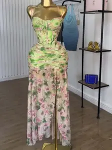 PULKRITU Women's Rose Flower, Floral Printed Sleeveless Strap High Side Split Asymmetrical Maxi Dress, Long Beach Vacation Party Birthday Dresses, Corset Waist V-neck Ruched Bodycon Long Dresses