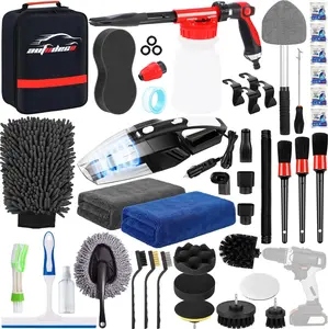 40Pcs Car Wash Detailing Kit Cleaning Kits with Foam Gun Sprayer High Power Handheld Vacuum Drill Brush Large Wash Mitt Towels Complete Interior Exterior Car Washing Supply Set Black
