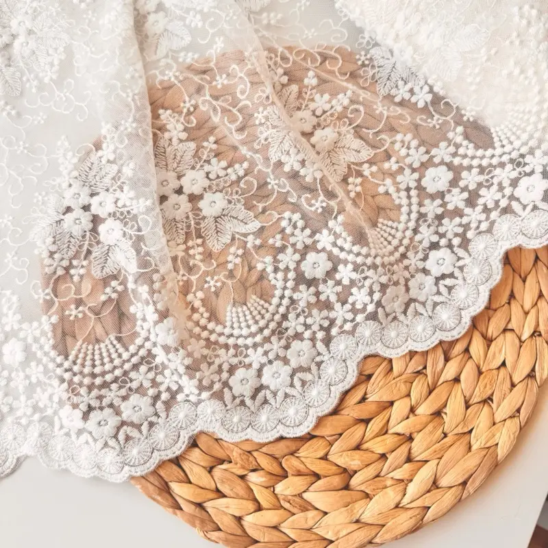Embroidered Cotton Lace Trim: Off-white 16" Wide Square Design, Bridal Edging