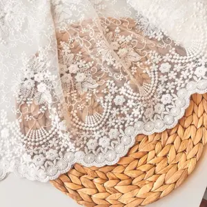 Embroidered Cotton Lace Trim: Off-white 16" Wide Square Design, Bridal Edging