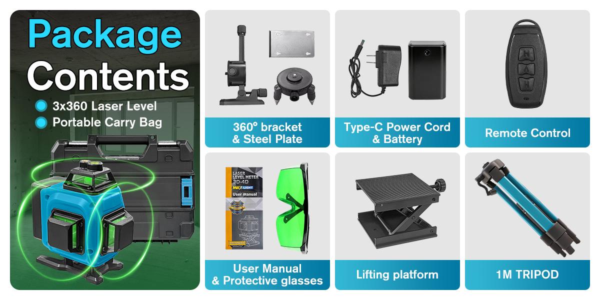 Tanlook Laser Level, 3×360° Self-Leveling Laser Level, 16 Lines Green Beam 4D Laser Level, equipped with 2 lithium batteries, suitable for picture hanging, tile laying, home renovation and indoor projects