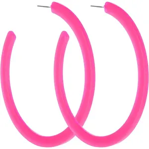 Hot Pink Hoop Earrings Retro Neon Pink Dangle Earrings 80s 90s Earrings for Women Colorful Large Hoop Earrings Acrylic C Shape Trendy Chunky Earrings Candy Color Lightweight Big Hoop Statement Earring
