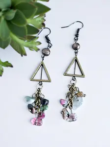 Bronzy Gemstone Clusters Triangle Dangle Earrings With Warm Goldtone Shine And Modern Silhouette