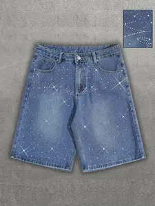 Summer Men's Washed Shiny Rhinestone Jeans Shorts, American Vintage Y2K Basic Denim Jeans, Casual Loose Fit, Trendy Streetwear