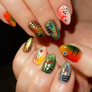 Holographic Fishing Lure Press On Nails, Chrome Gradient Base, Fish Bait Design