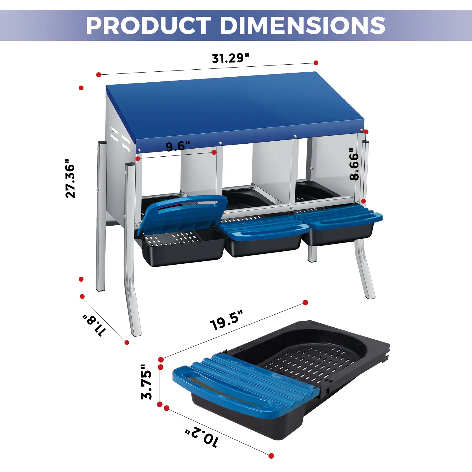 Chicken Nesting Boxes, 4 Compartment Metal Stainless Steel Chicken Laying Boxes with Removable Roll-Away Trays, Vented Holes & 2-in-1 Perch for Chickens Ducks Birds