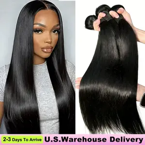 Bone Straight Human Hair Bundles (16-30 Inch) 100% Brazilian Virgin Hair Extensions, Natural Black Double Weft Silky Weave, Can Be Bleached & Dyed
