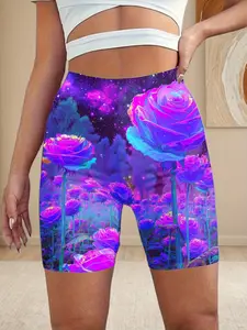 Women's Plus Size High-Waisted Yoga Shorts - Cosmic Rose Print Sports Shorts, available in neon pink, purple, blue, green, and rose pink - Medium stretch leggings, suitable for gym, running, cycling, all-season workouts, and outdoor activities (non-