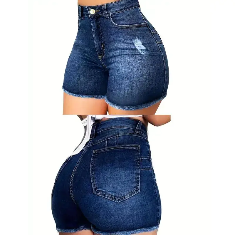 Cropped Denim Shorts for Women, High-Waisted Butt-Lifting Slim Fit Stretch Fabric with Pockets & Zipper, High-Waisted Shorts, Lady, Casual Festival Shorts