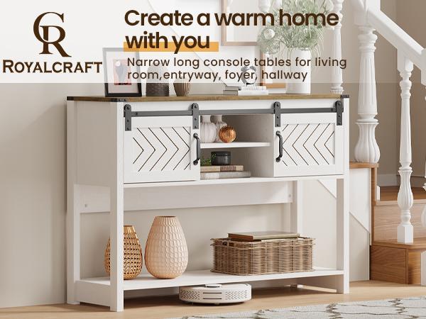 RoyalCraft Entryway Table with Storage, 46" Modern Farmhouse Console Table with Sliding Barn Door, Wood Rustic Sofa Table with Adjustable Shelf for Hallway, Living Room, Foyer RoyalCraft Entryway Table with Storage, 46" Modern Farmhouse Console Table with Sliding Barn Door, Wood Rustic Sofa Table with Adjustable Shelf for Hallway, Living Room, Foyer