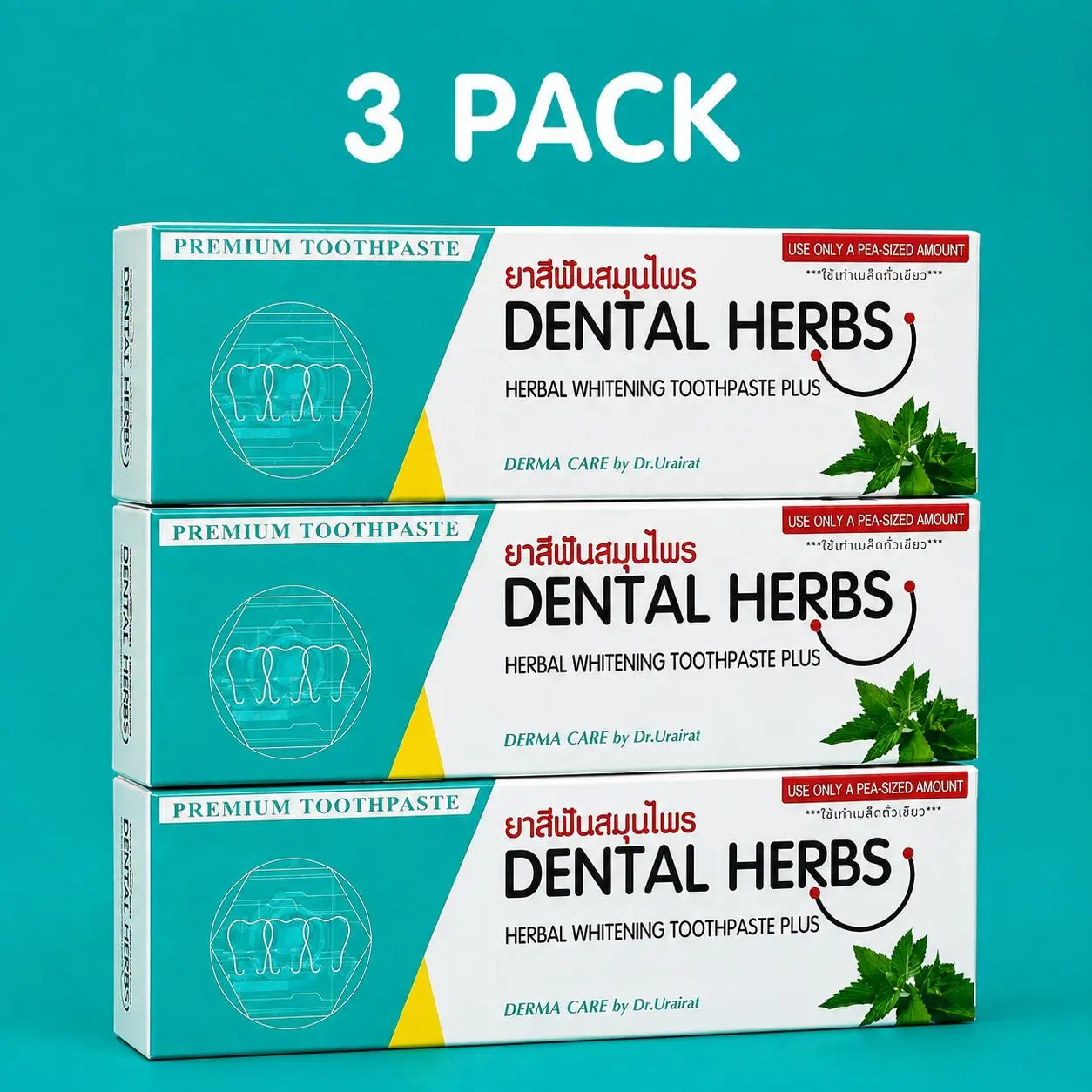Dental Herbs Premium Herbal Whitening Toothpaste Plus (80g Each, 3-Pack) – Herbal Oral Care, Fresh Breath, Plaque & Tartar Reduction, Made in Thailand