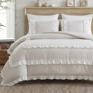 Beige Ruffle Comforter Set Queen Size - 3 Pieces Bedding with Pleated Lace, White & Beige French Pastoral Style, Pillowcases Included for Cozy