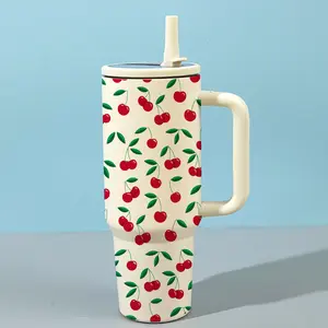 1pc 40oz Stainless Steel Insulated Mug Tumbler with Handle, Cute Cherry Print Thermal Cup with Lid and Straw, Keep Hot 12H/Cold 24H, Leak-Proof Vacuum Mug for Coffee, Travel, Office, Great Gift for Women, Friends, Cherry Lovers, Home Kitchen Essentials