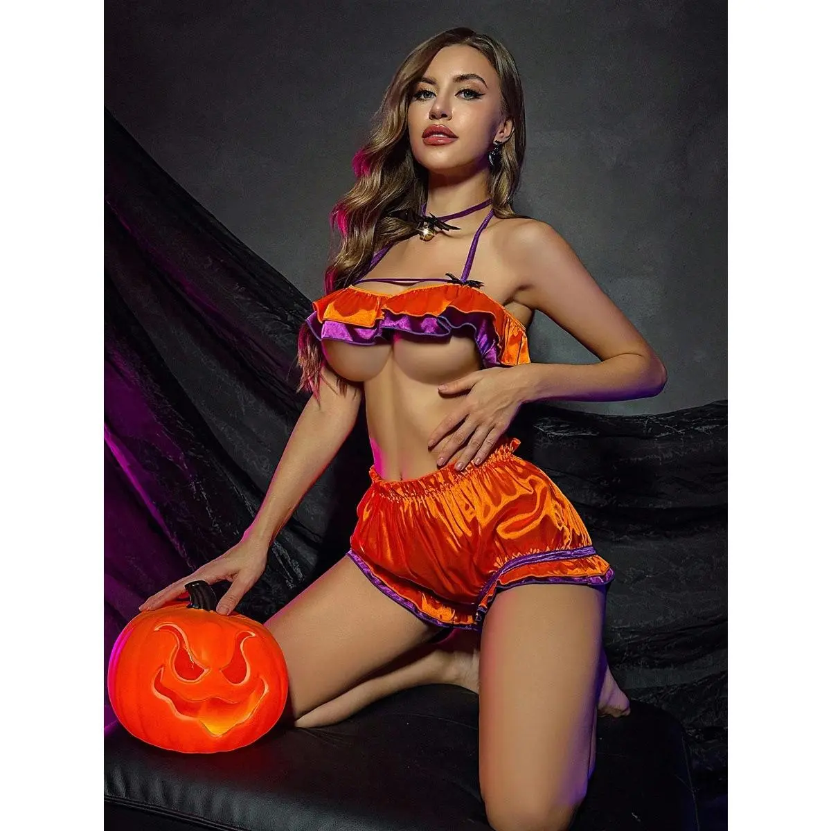 Women's 2-Piece Halloween Pumpkin Bat Themed Sexy Lingerie Set - Light Smooth Fabric, Ruffle Halter Straps, High-Waisted Shorts, Matching Purple Choker Accessory - for Festive Costumes, Boudoir Photography, Accessories