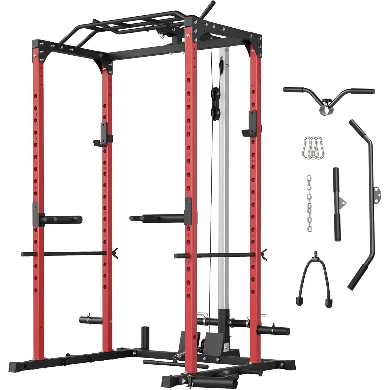 1200LBS electric cage squat frame with pulley system, multifunctional home gym electric frame with LAT pull down, tilt handle, J-hook and landmine, heavy-duty weightlifting strength training equipment+barbell bar