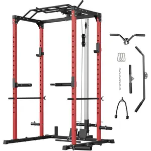 1200LBS electric cage squat frame with pulley system, multifunctional home gym electric frame with LAT pull down, tilt handle, J-hook and landmine, heavy-duty weightlifting strength training equipment+barbell bar