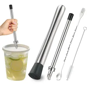 4Pcs 304 Stainless Steel Straw Puncher & Muddler Spoon Set, Straw Hole Puncher for Plastic Lids Lemonade Cups, Tools for Lemonade Stand Supplies