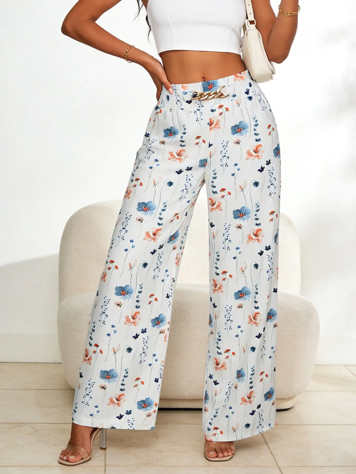 Women’s Summer Ditsy Floral Wide-Leg Pants, Lightweight Breathable Woven High Waist Trousers, Casual Loose-Fitting Beach with Chain Belt