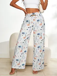 Women’s Summer Floral Wide-Leg Pants, Lightweight Breathable High Waist Trousers, Casual Loose-Fitting Beach with Chain Belt